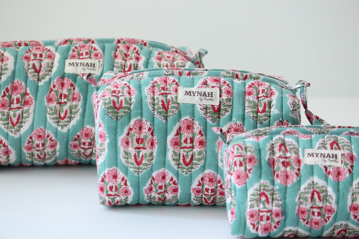 MYNAHbySmitha Quilted Travel Bag in Turquoise Bouquet Print -Assorted Sizes
