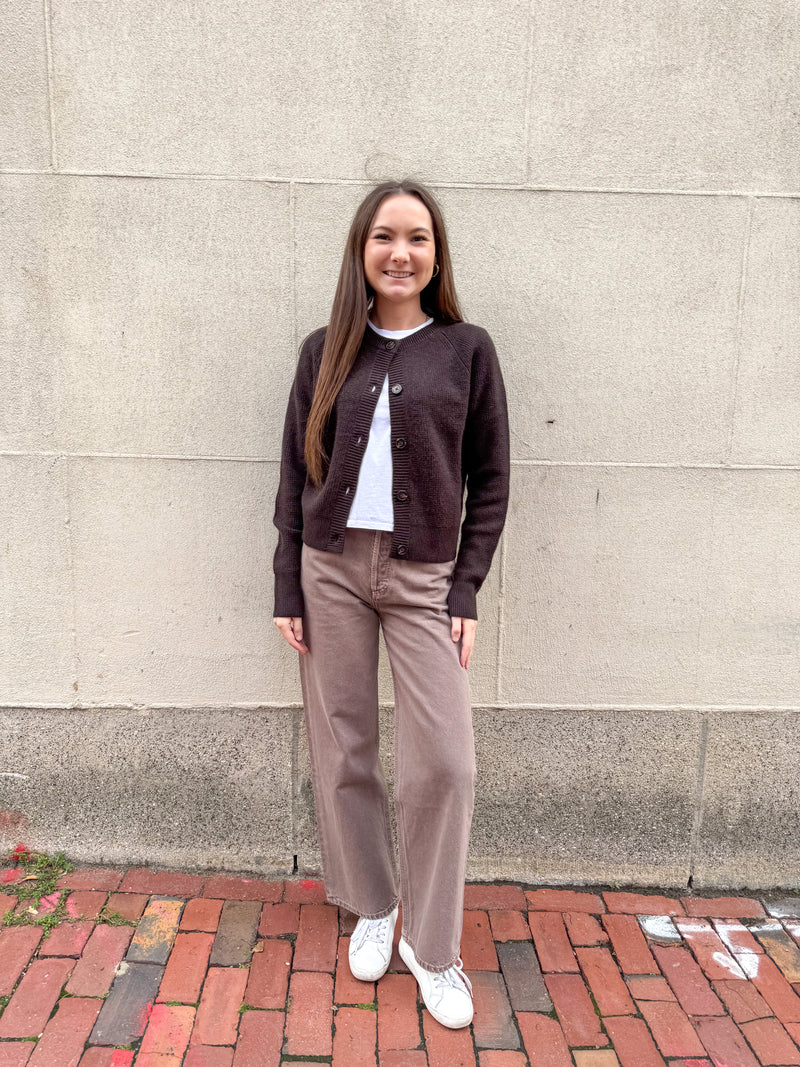 White + Warren Cashmere Waffle Cardigan in Dark Umber