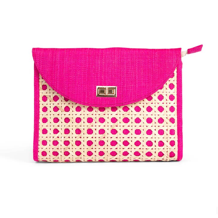Soli + Sun Large Woven Rattan Clutch in Hot Pink