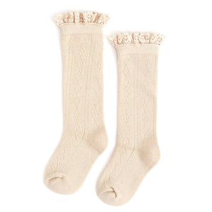 Little Stocking Co. Fancy Lace Knee High Socks in Vanilla
