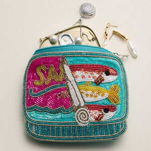 Frem Beaded Sardine Can Clutch – Hand-Embroidered Sequin Zip Pouch