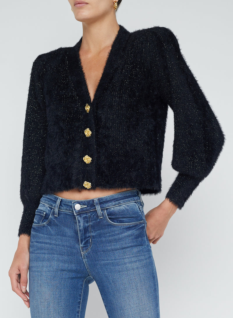 L'Agence Tallula Shoulder Pad Cardigan in Black Lurex