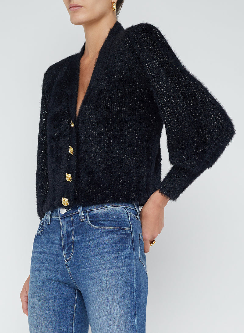 L'Agence Tallula Shoulder Pad Cardigan in Black Lurex