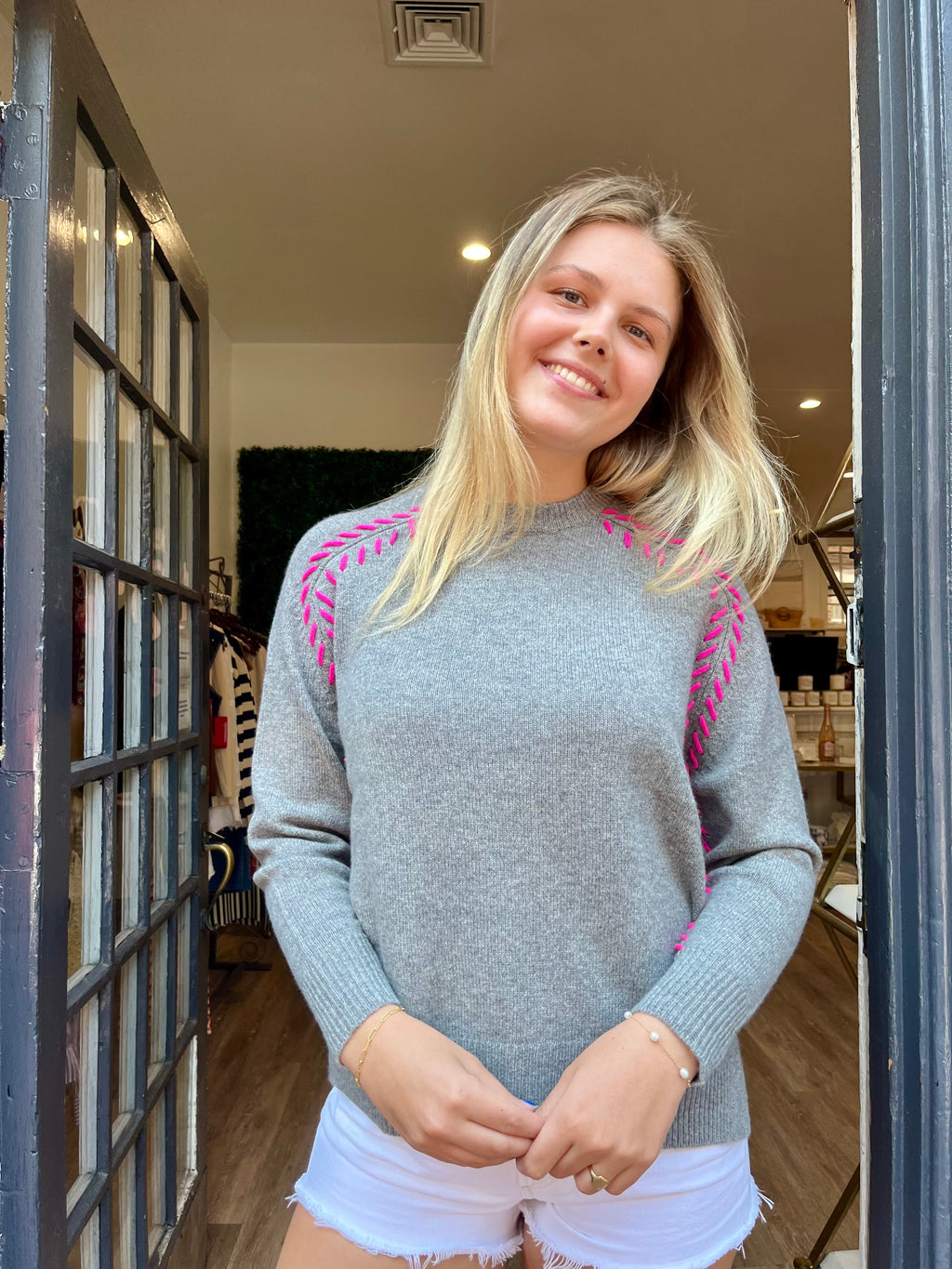 Autumn Cashmere Saddle Shoulder Whipstitched Crew in Cement Combo