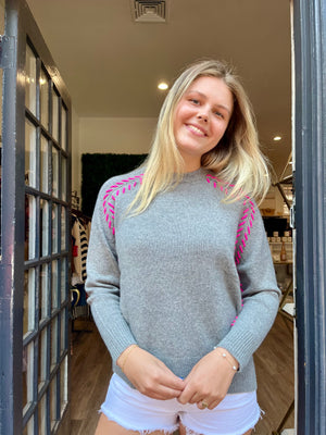Autumn Cashmere Saddle Shoulder Whipstitched Crew in Cement Combo