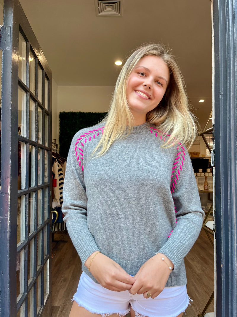 Autumn Cashmere Saddle Shoulder Whipstitched Crew in Cement Combo