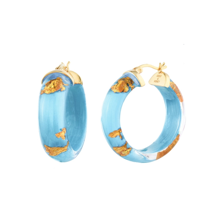 Gold & Honey Gold Leaf Hoops in Ice Blue