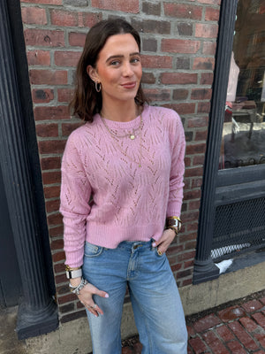 Autumn Cashmere Allover Pointelle Crew in Rose