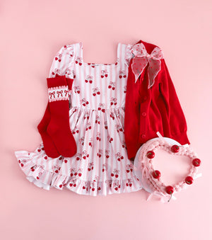 Little Stocking Co Red & Pink Bow Scalloped Knee High Socks