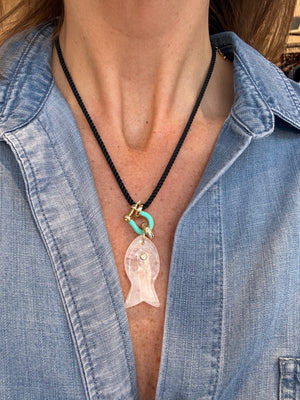 Forever Blythe Clear Quartz Fish Pendant Necklace in Turquoise/Clear/Black