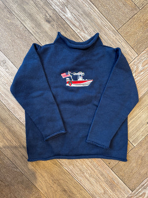 A Soft Idea Roll Neck Sweater in Navy with Boat with Holiday Lights