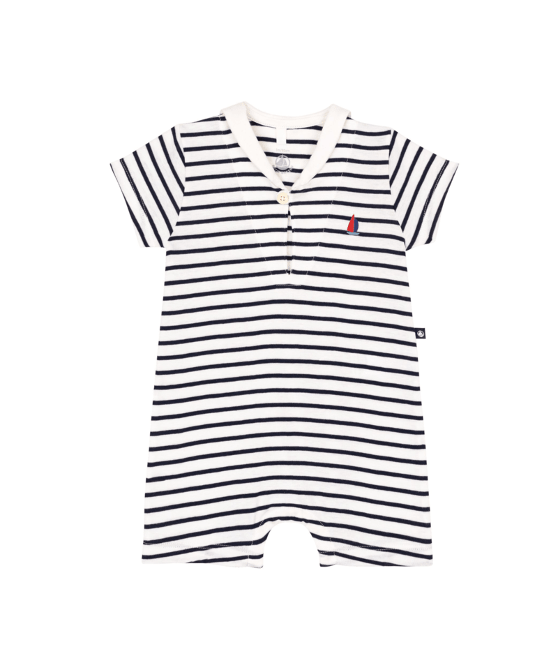 Petit Bateau Short Sleeve Navy Striped Romper with Sailor Collar