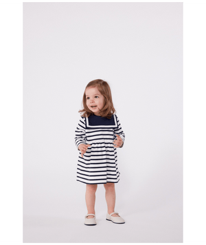 Petit Bateau Long Sleeve Sailor Collar Dress in Navy/White Stripe