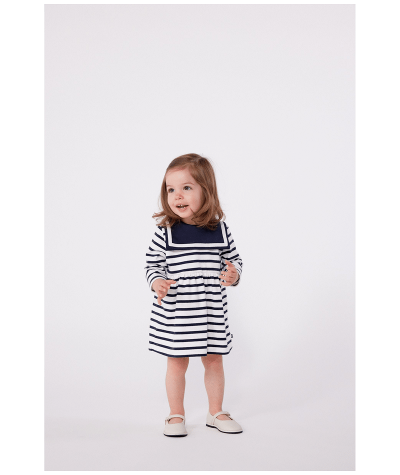 Petit Bateau Long Sleeve Sailor Collar Dress in Navy/White Stripe