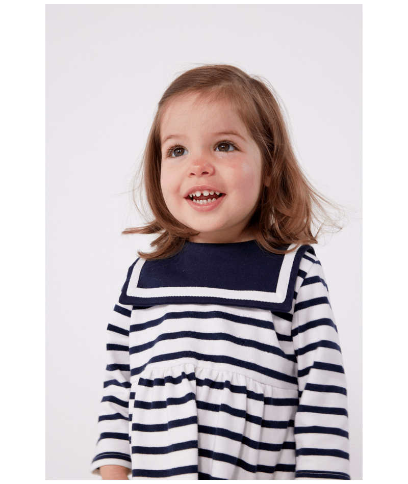 Petit Bateau Long Sleeve Sailor Collar Dress in Navy/White Stripe