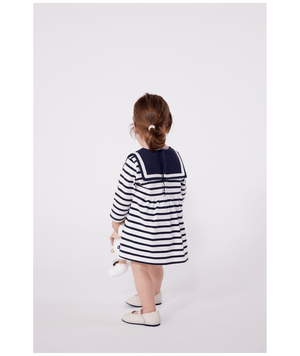 Petit Bateau Long Sleeve Sailor Collar Dress in Navy/White Stripe