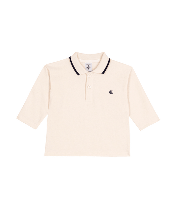 Petit Bateau Baby LS White Polo with Navy Trim