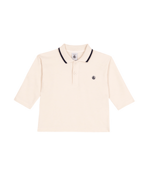 Petit Bateau Baby LS White Polo with Navy Trim
