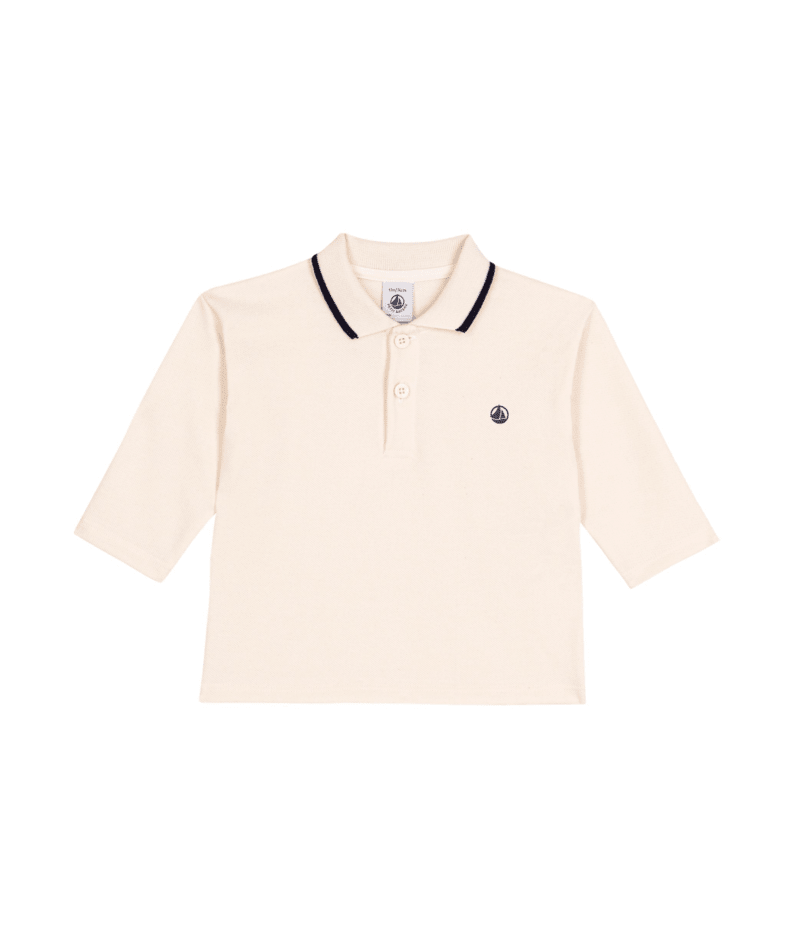 Petit Bateau Baby LS White Polo with Navy Trim