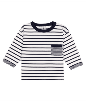 Petit Bateau Long Sleeve Stripe Shirt with Front Pocket in White/Navy