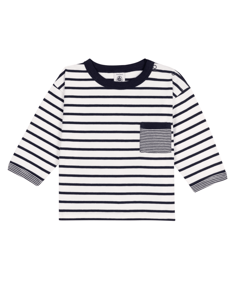 Petit Bateau Long Sleeve Stripe Shirt with Front Pocket in White/Navy