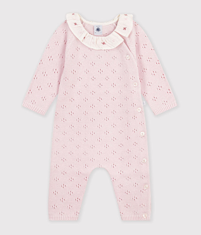 Petit Bateau Pointelle Sweater Romper with Floral Collar in Pink