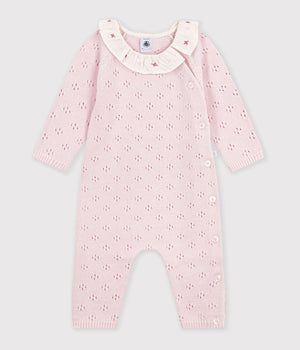 Petit Bateau Pointelle Sweater Romper with Floral Collar in Pink