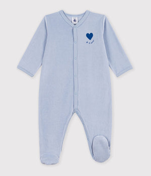 Petit Bateau Velour Snap Footie with Heart in Blue