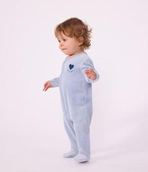 Petit Bateau Velour Snap Footie with Heart in Blue