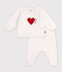 Petit Bateau Knit Sweater Set with Hearts in Ecru Red