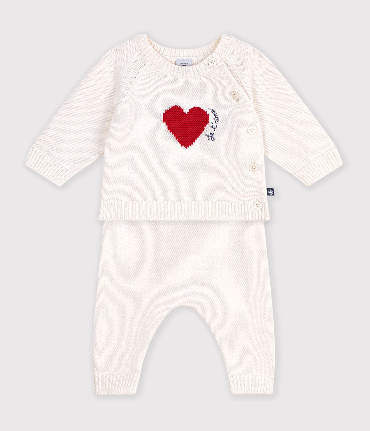 Petit Bateau Knit Sweater Set with Hearts in Ecru Red