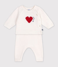 Petit Bateau Knit Sweater Set with Hearts in Ecru Red