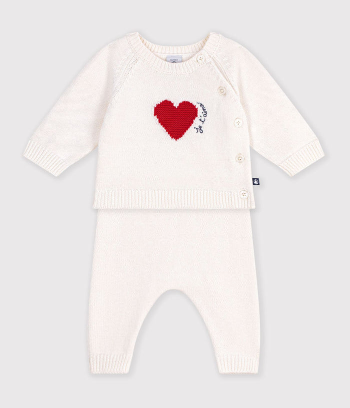 Petit Bateau Knit Sweater Set with Hearts in Ecru Red