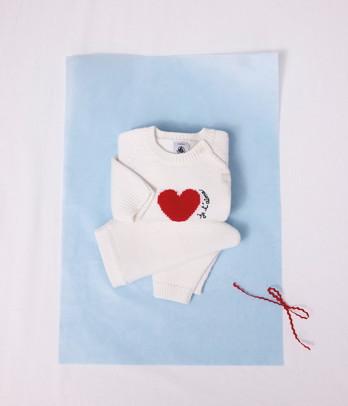 Petit Bateau Knit Sweater Set with Hearts in Ecru Red