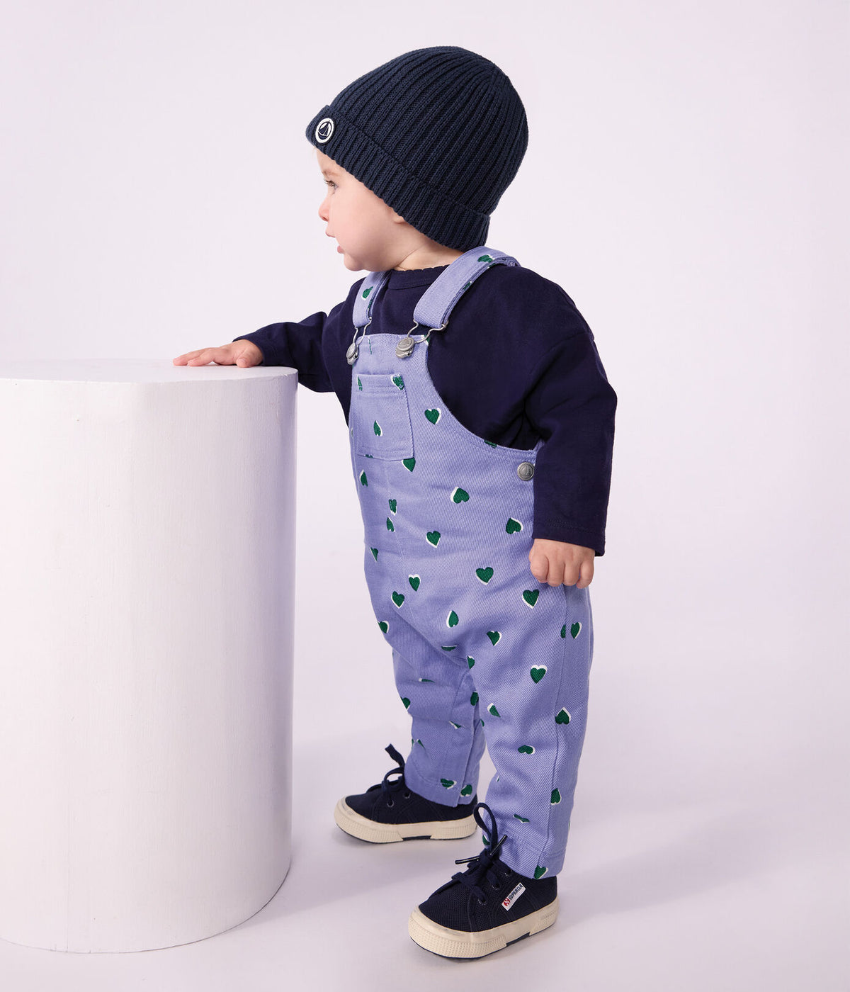 Petit Bateau Heart Print Overall in Purple/Green