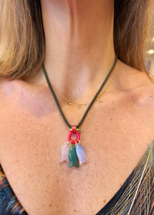 Forever Blythe Three Little Fishes Pendant Necklace in Rose Quartz, Aventurine and White Opal