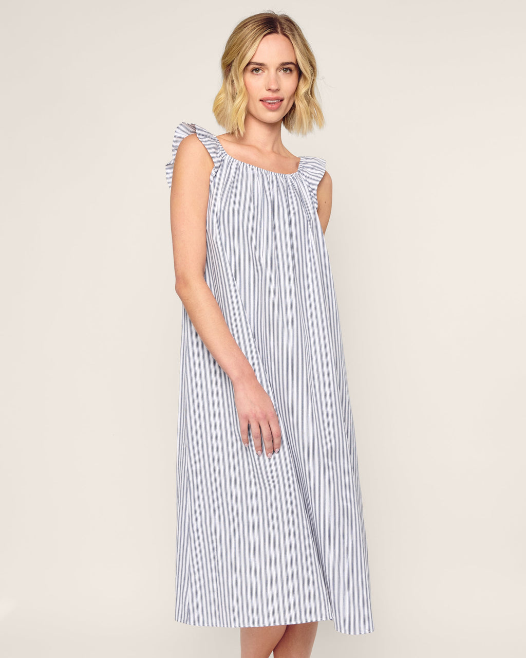 Petite Plume Women's Twill Clementine Nightgown in Navy French Ticking