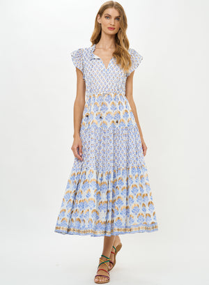 Oliphant Cinched Flirty Midi Dress in Arbor Blue