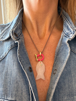 Forever Blythe Rose Quartz Fish Pendant Necklace in Hot Pink/Clear/Taupe
