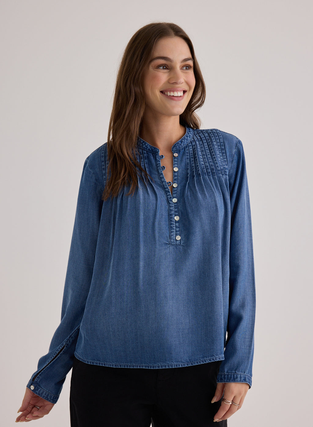 Bella Dahl Pintuck Pullover Blouse in Skyline Spray