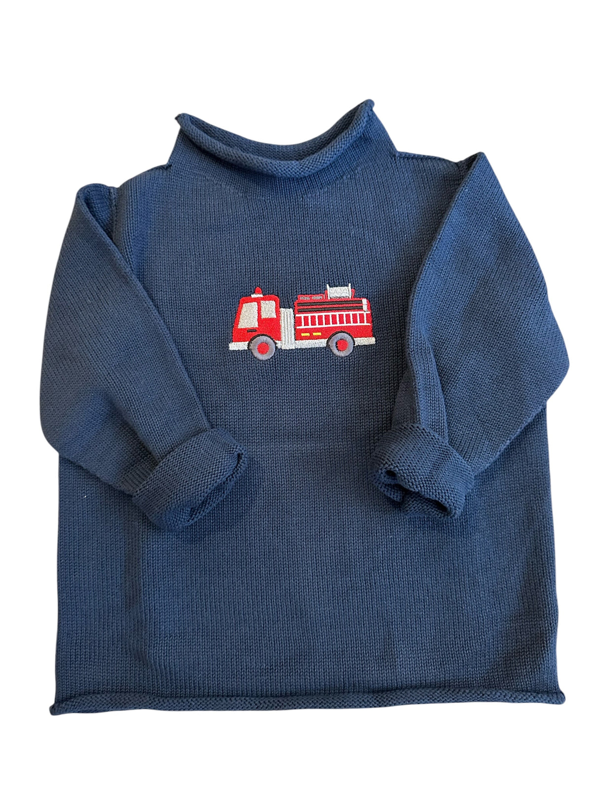 A Soft Idea Roll Neck Sweater in Navy with Fire Truck