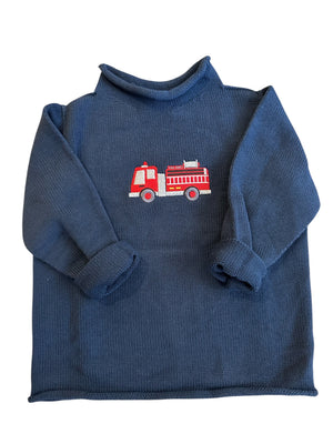 A Soft Idea Roll Neck Sweater in Navy with Fire Truck