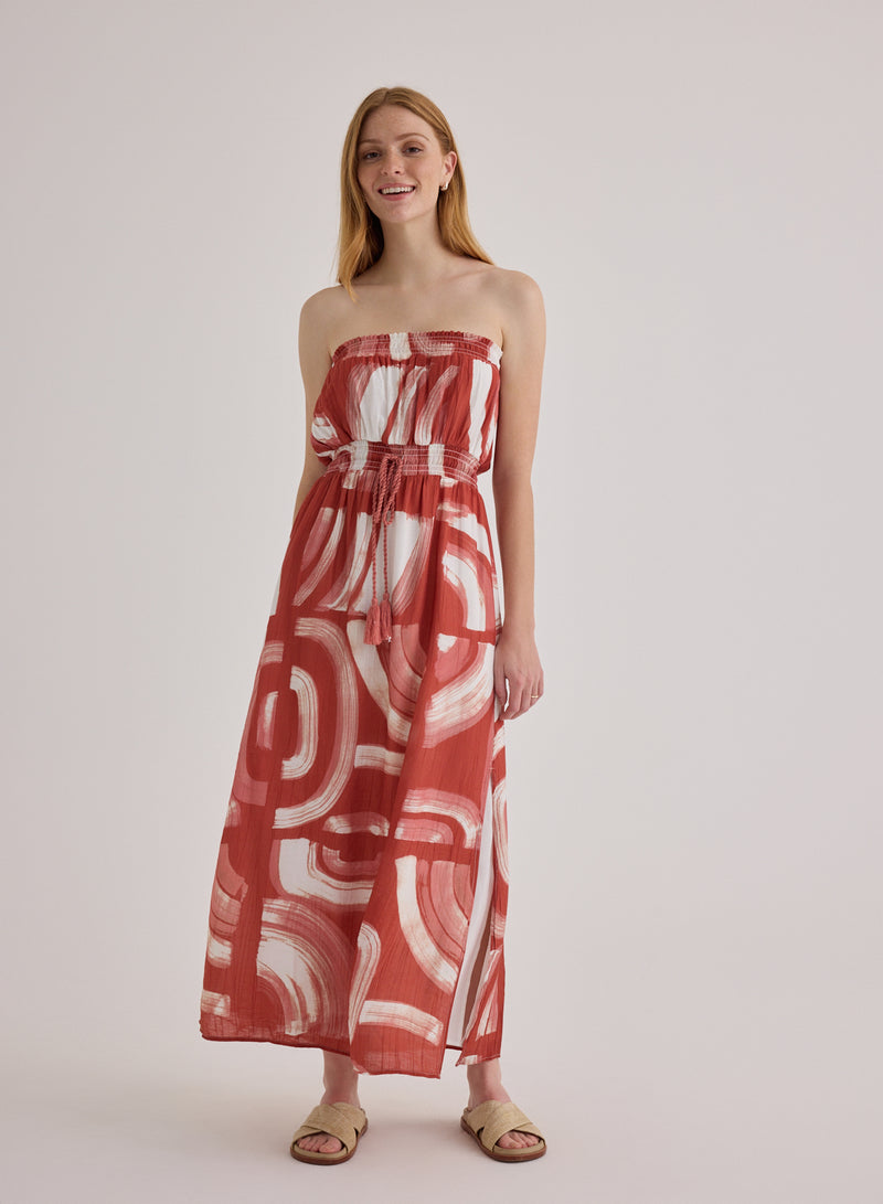 Bella Dahl Strapless Elastic Waist Midi Dress in Abstract Art