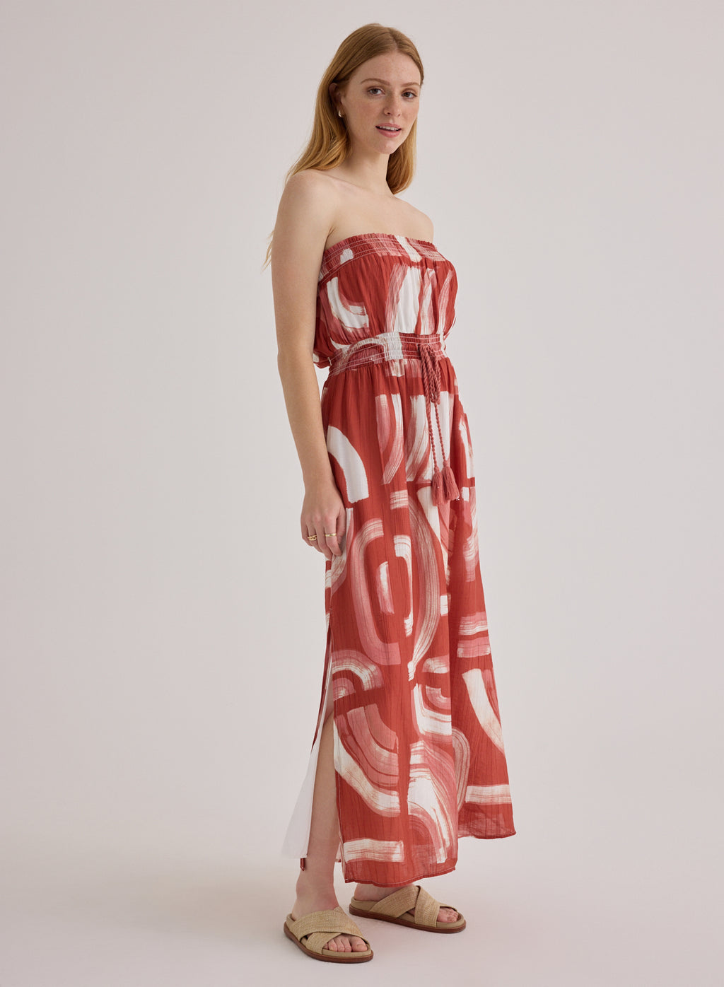 Bella Dahl Strapless Elastic Waist Midi Dress in Abstract Art
