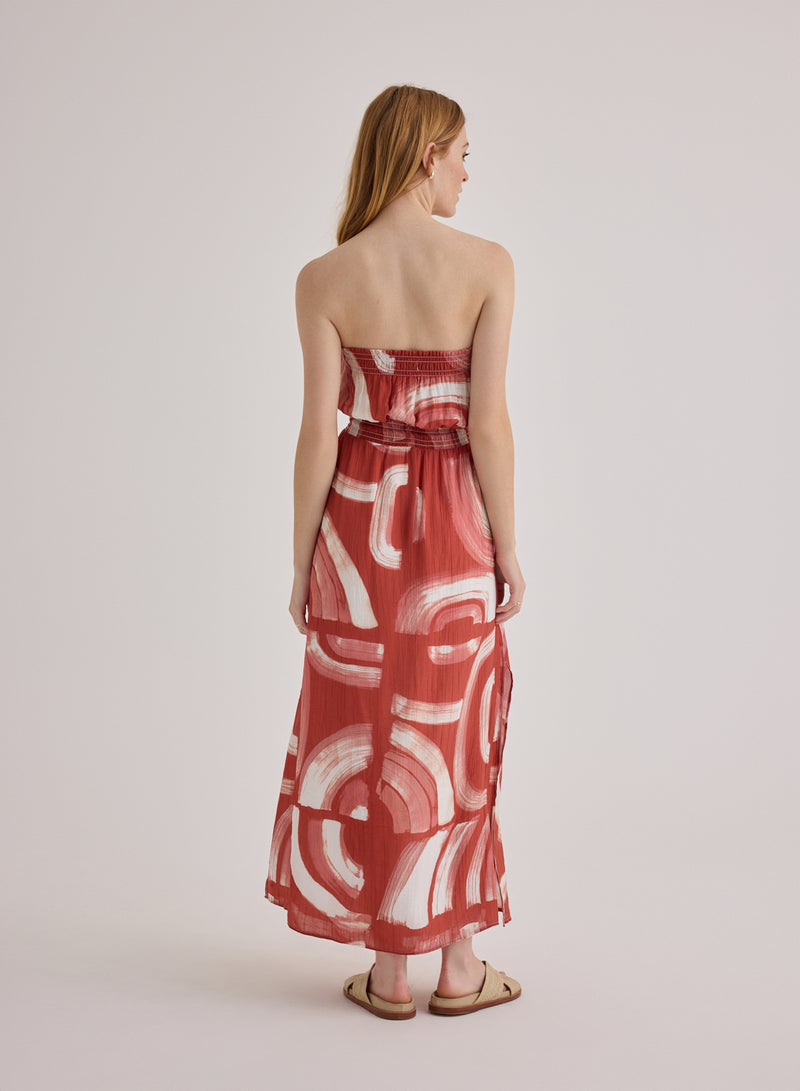 Bella Dahl Strapless Elastic Waist Midi Dress in Abstract Art