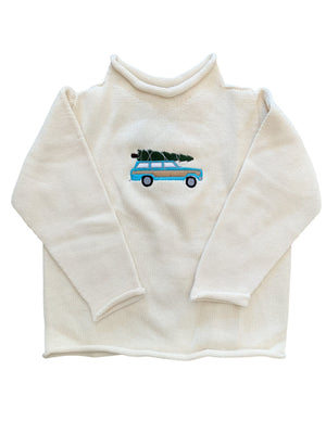 A Soft Idea Roll Neck Sweater in Cream with Woody Wagoneer + Tree