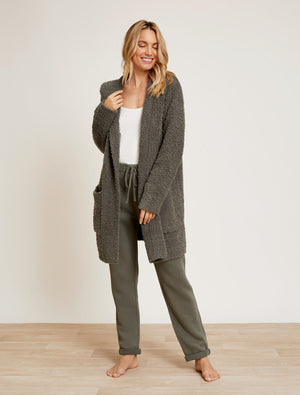 Barefoot Dreams CozyChic Boucle Hooded Long Coatigan in Olive Branch