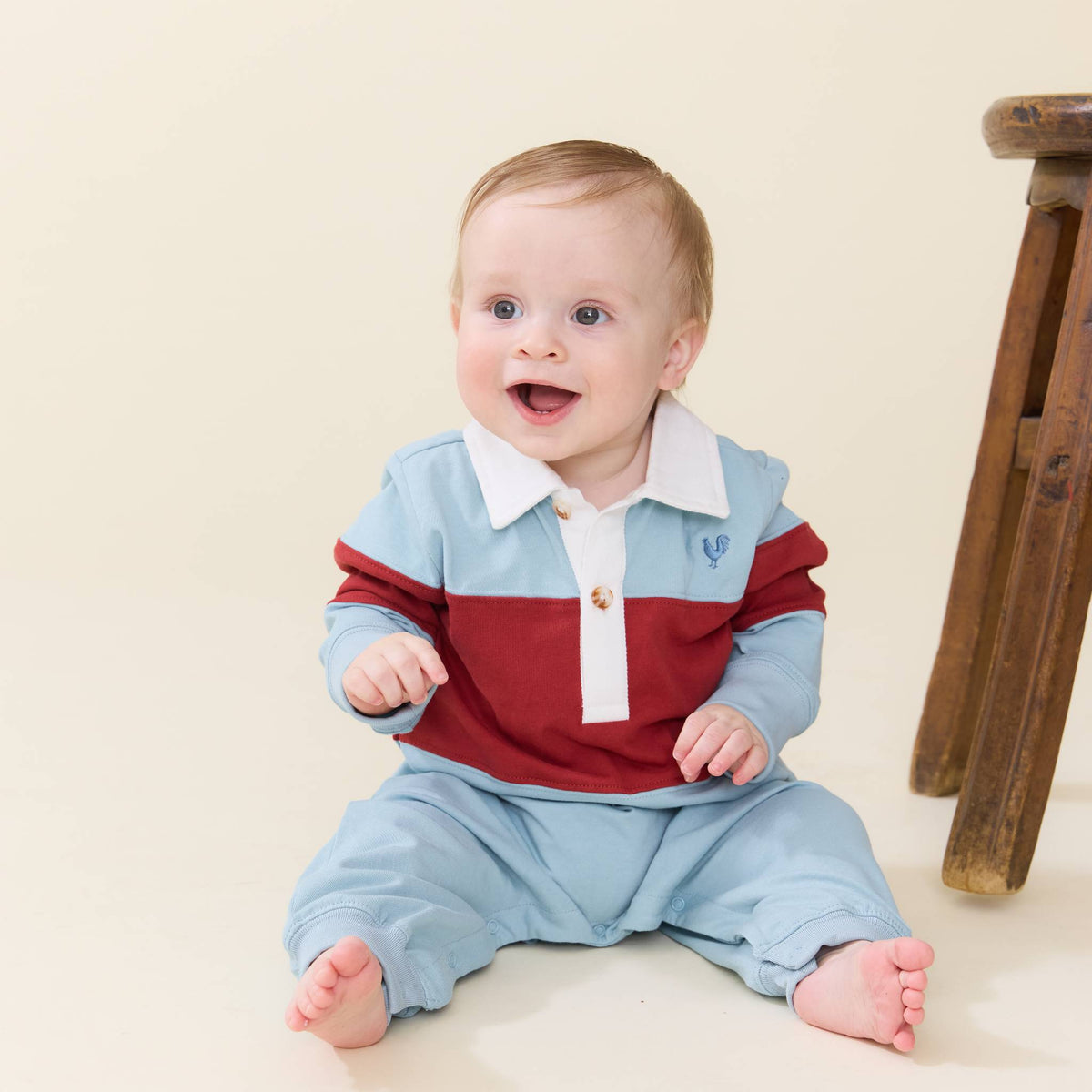 Pink Chicken Baby Boys Albert Rugby Romper in Blue & Maroon