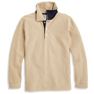 Bella Bliss Long Sleeve Pique Polo with Contrast Collar in Beige with Navy