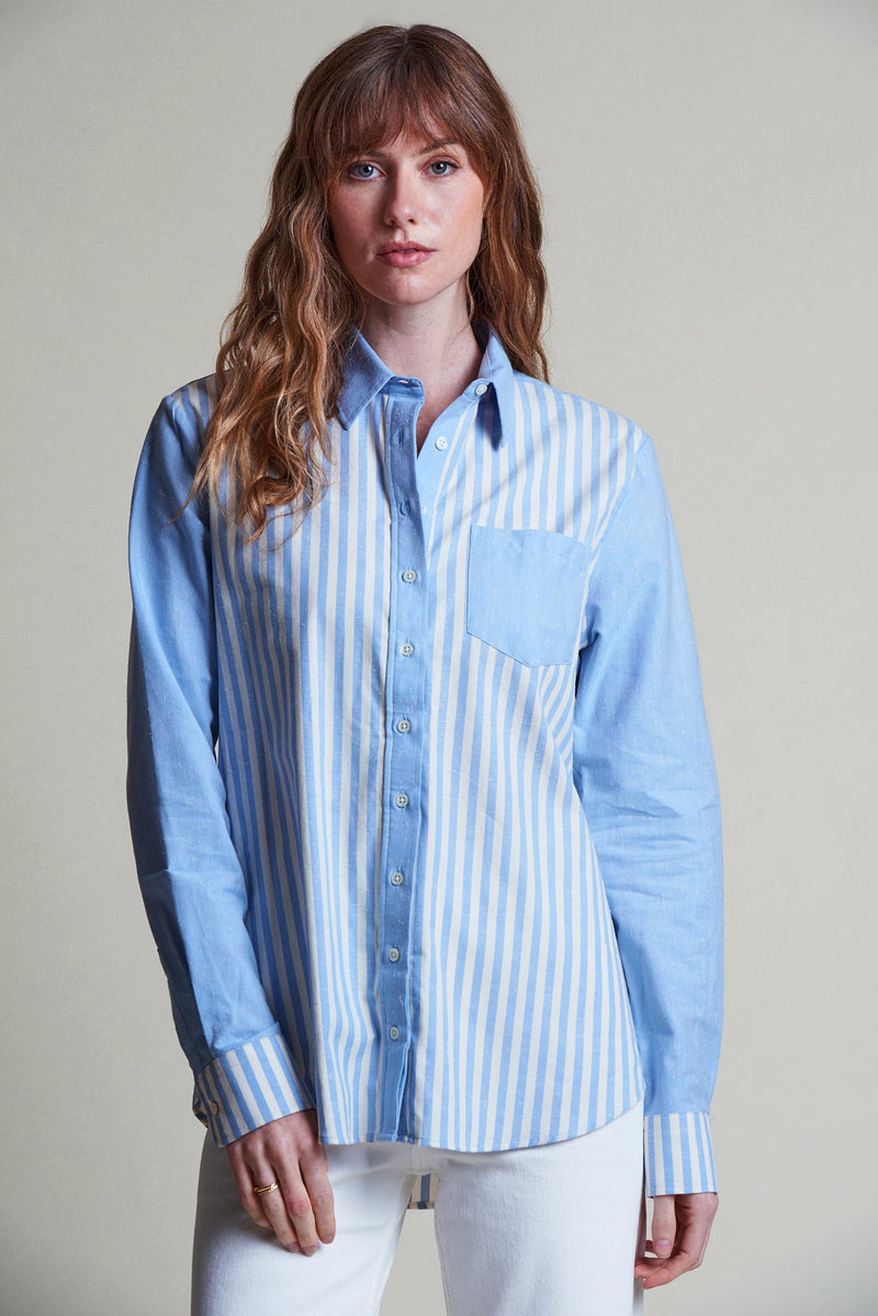 The Shirt by Rochelle Beherns The Boyfriend Shirt in Blue Stripe